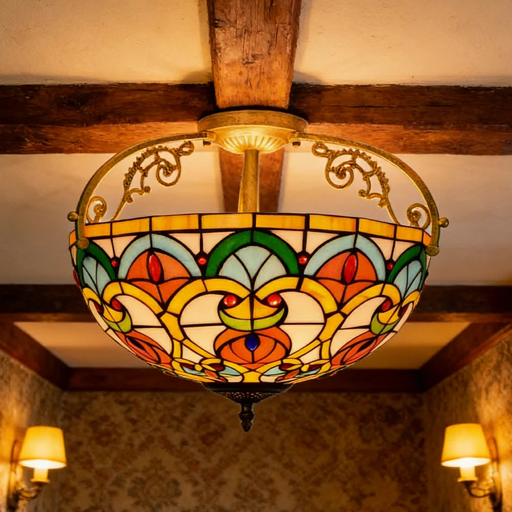 LIVARA European Vintage Stained Glass Ceiling Light 3-Light Design Even Lighting 42x38cm Suitable for Living Room Bedroom Dining Hallway - Yellow