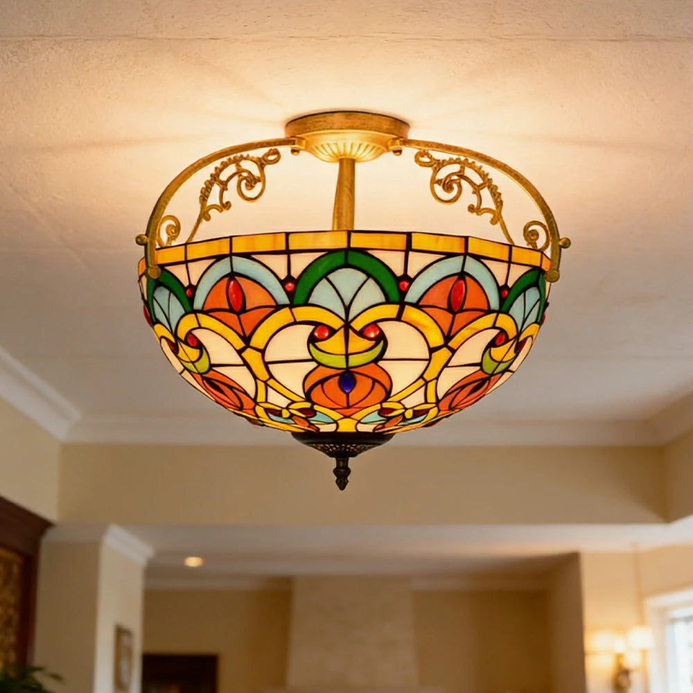 LIVARA European Vintage Stained Glass Ceiling Light 3-Light Design Even Lighting 42x38cm Suitable for Living Room Bedroom Dining Hallway - Yellow