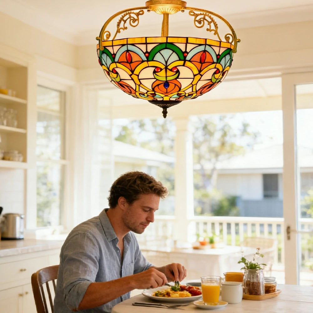 LIVARA European Vintage Stained Glass Ceiling Light 3-Light Design Even Lighting 42x38cm Suitable for Living Room Bedroom Dining Hallway - Yellow