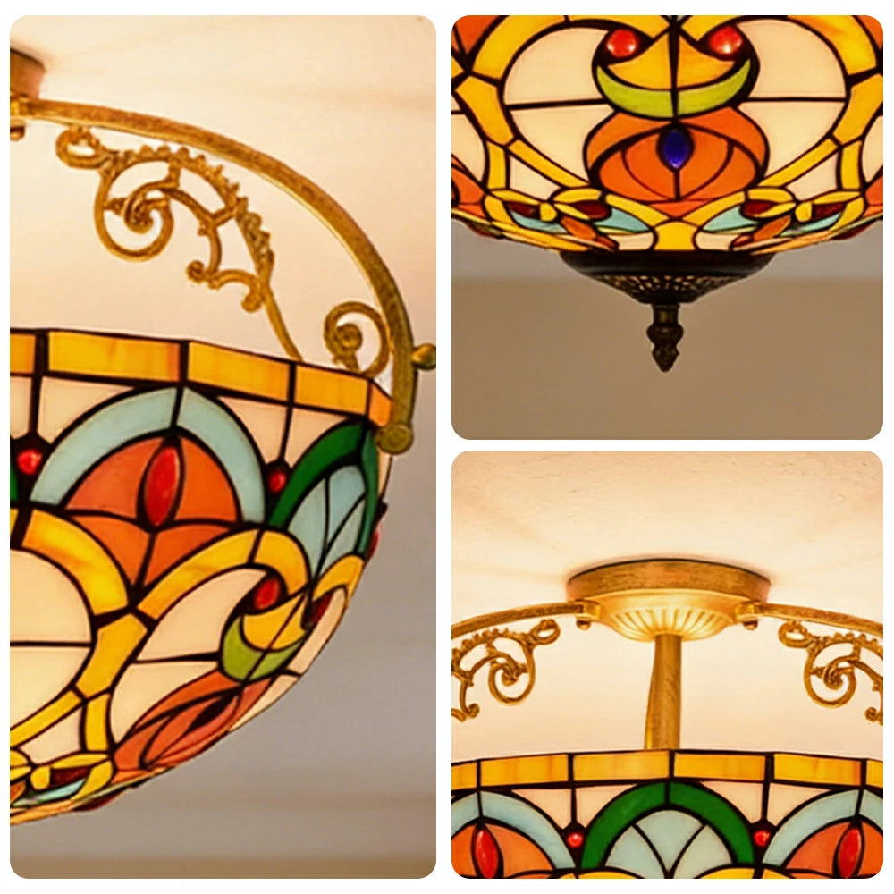 LIVARA European Vintage Stained Glass Ceiling Light 3-Light Design Even Lighting 42x38cm Suitable for Living Room Bedroom Dining Hallway - Yellow