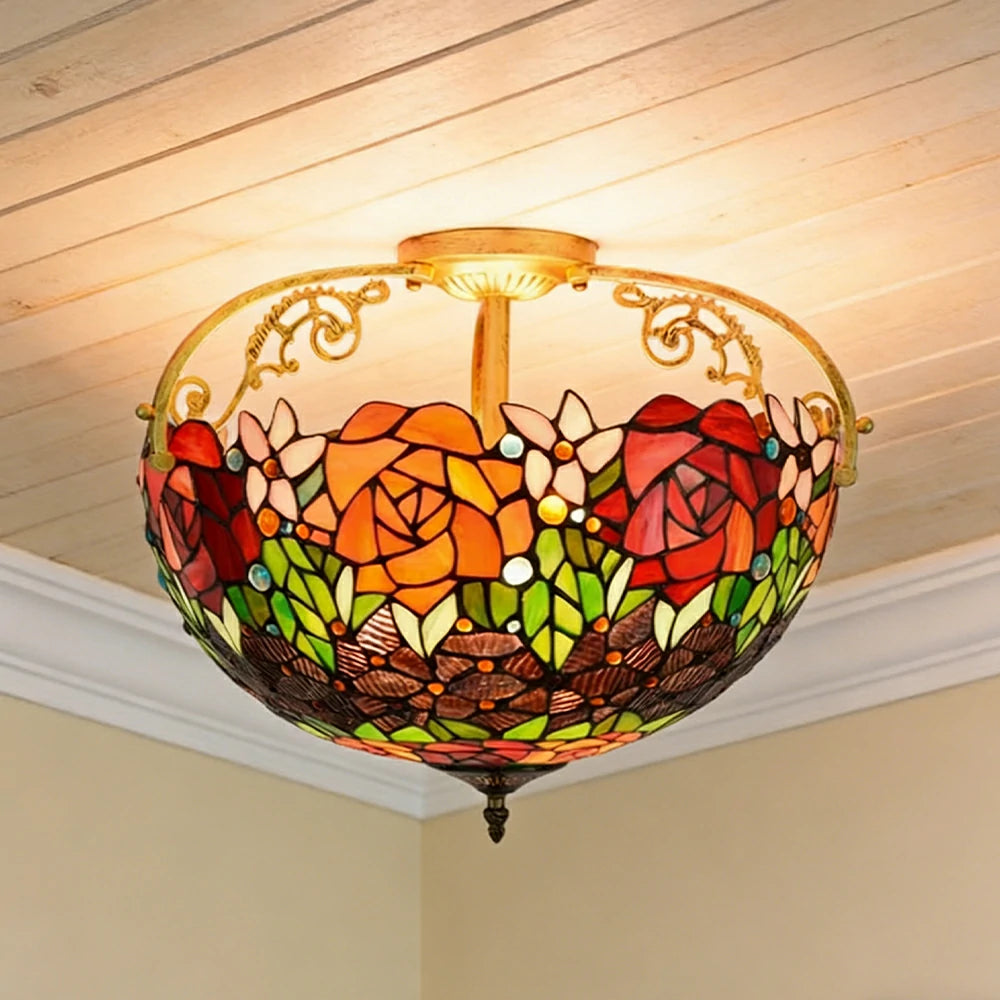LIVARA European Vintage Black Rose Pattern Stained Glass Ceiling Light 3-Light Design Even Lighting 42x38cm Suitable for Living Room Bedroom Dining Hallway