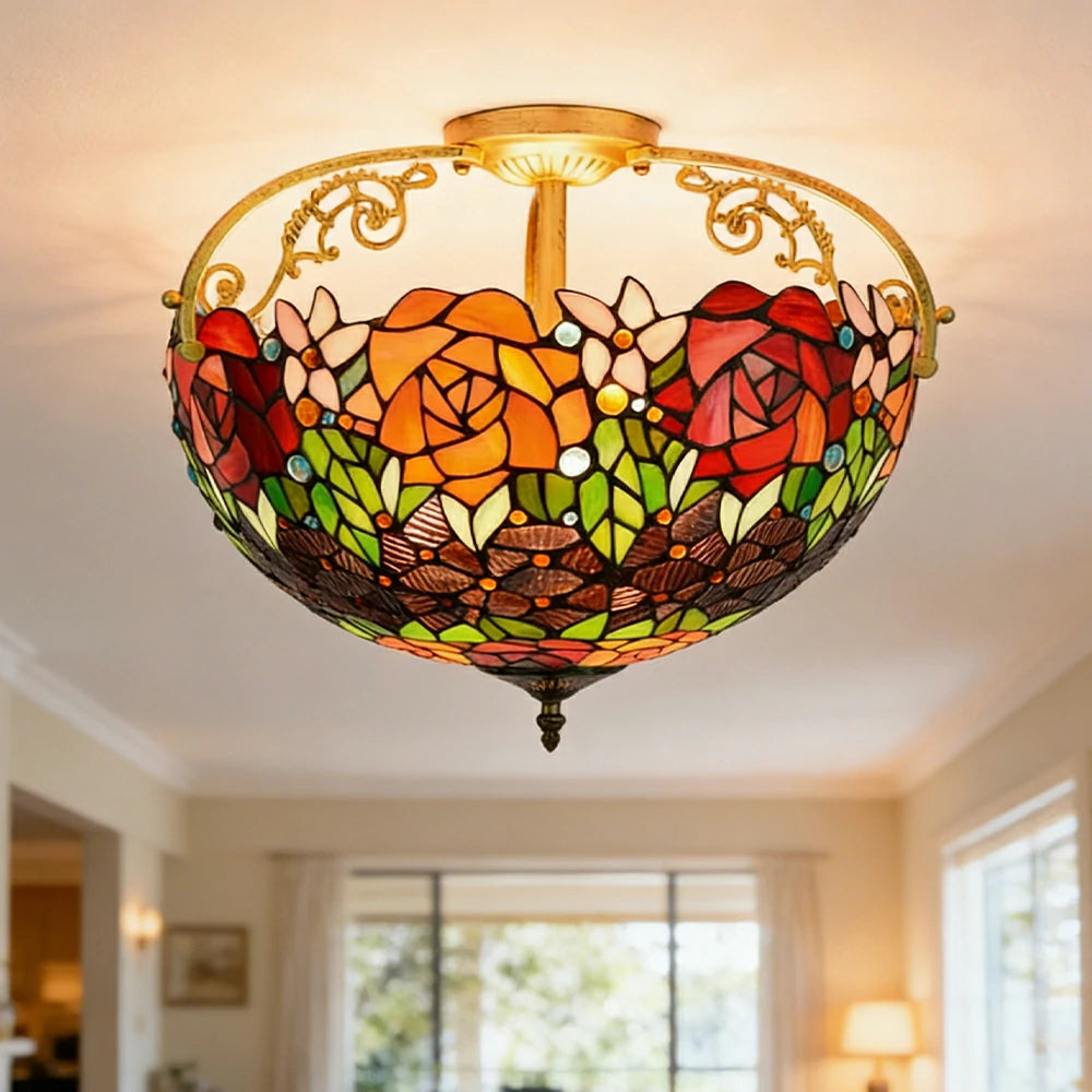 LIVARA European Vintage Black Rose Pattern Stained Glass Ceiling Light 3-Light Design Even Lighting 42x38cm Suitable for Living Room Bedroom Dining Hallway