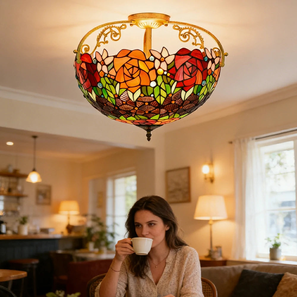 LIVARA European Vintage Black Rose Pattern Stained Glass Ceiling Light 3-Light Design Even Lighting 42x38cm Suitable for Living Room Bedroom Dining Hallway