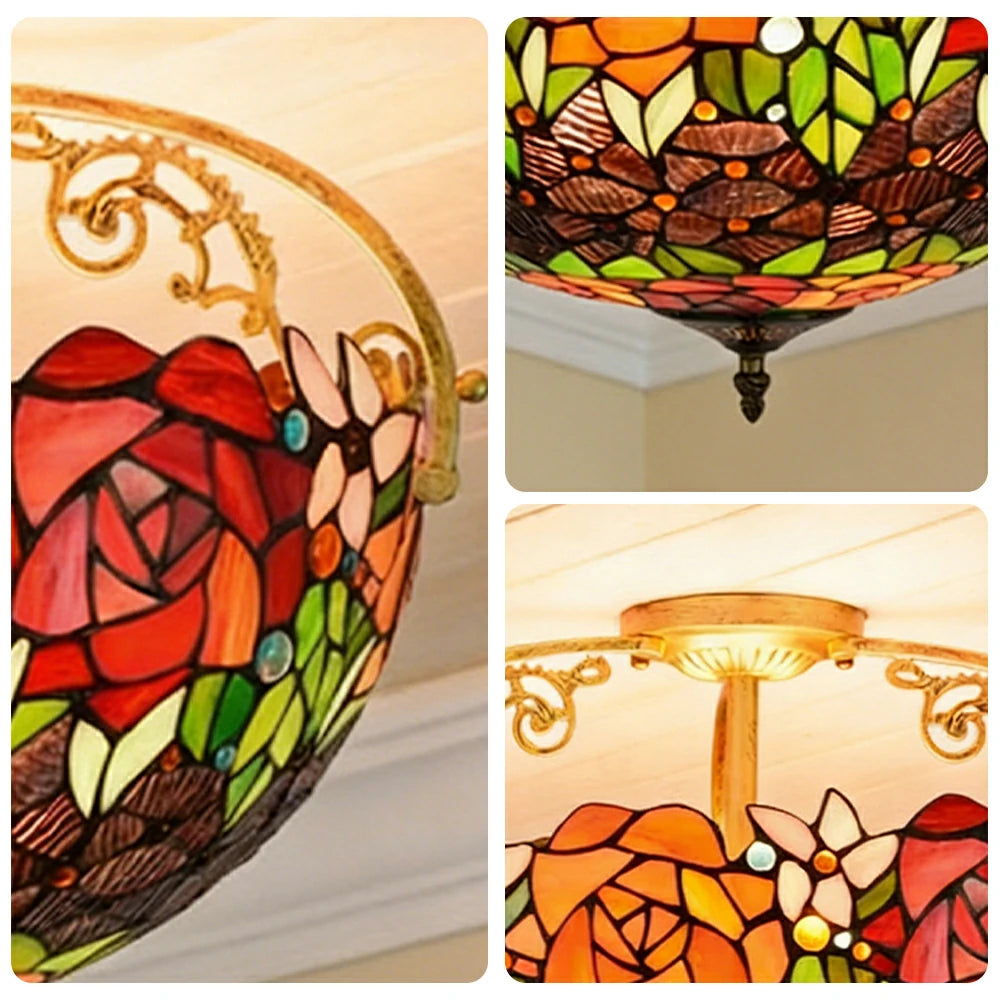 LIVARA European Vintage Black Rose Pattern Stained Glass Ceiling Light 3-Light Design Even Lighting 42x38cm Suitable for Living Room Bedroom Dining Hallway
