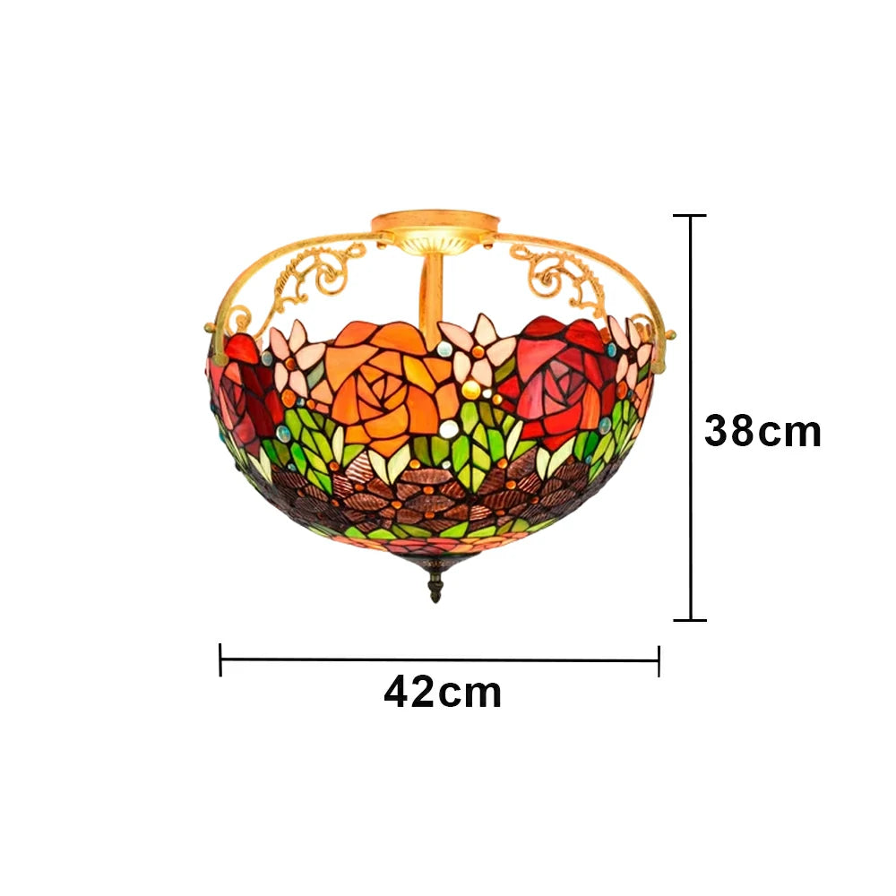 LIVARA European Vintage Black Rose Pattern Stained Glass Ceiling Light 3-Light Design Even Lighting 42x38cm Suitable for Living Room Bedroom Dining Hallway