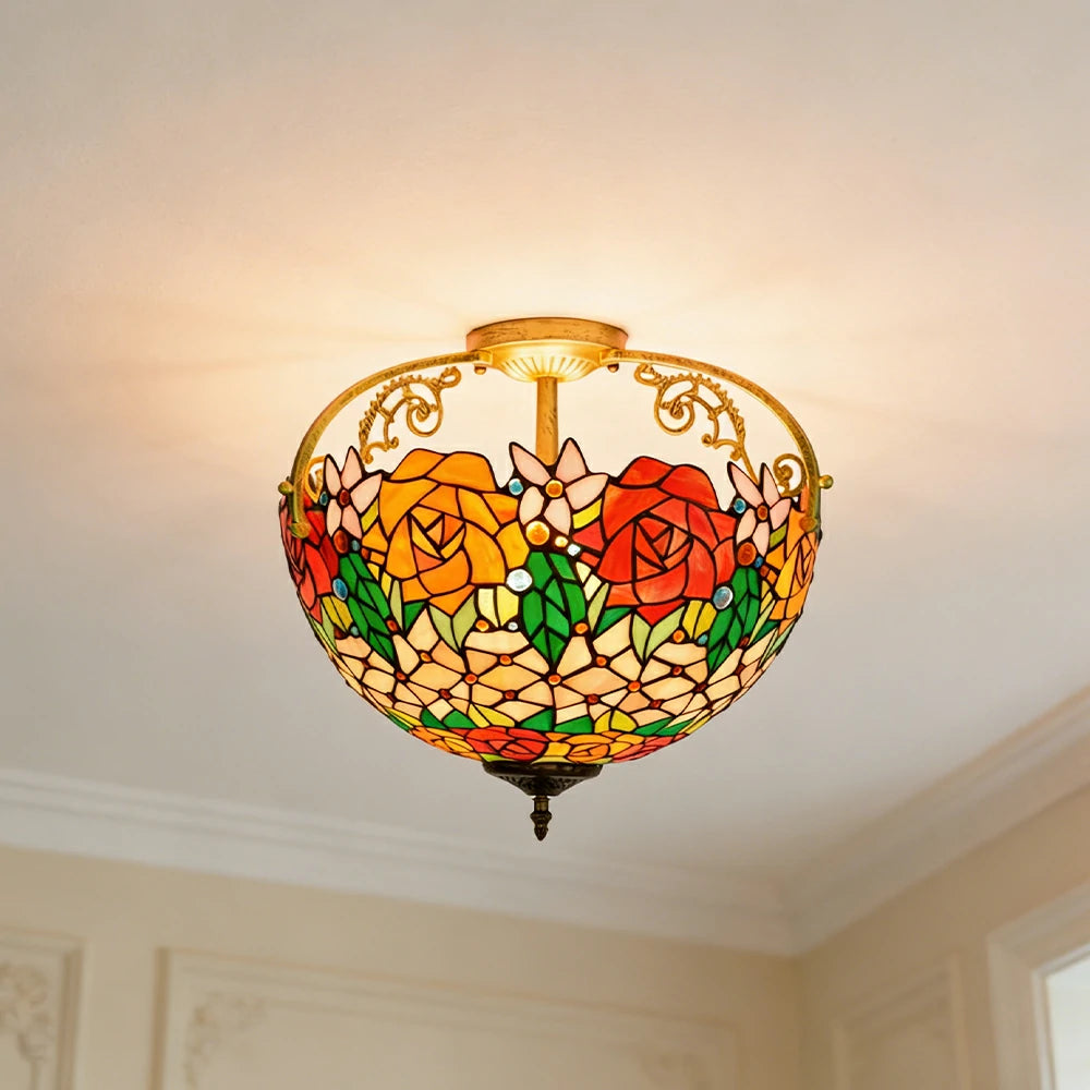LIVARA European Vintage Vibrant Rose Pattern Stained Glass Ceiling Light 3-Light Design Even Lighting 42x38cm Suitable for Living Room Bedroom Dining Hallway