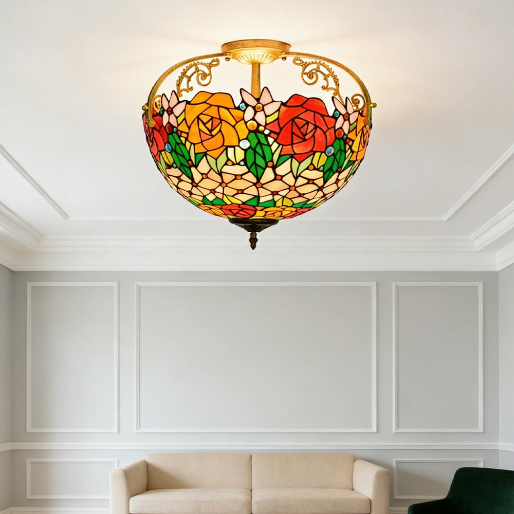 LIVARA European Vintage Vibrant Rose Pattern Stained Glass Ceiling Light 3-Light Design Even Lighting 42x38cm Suitable for Living Room Bedroom Dining Hallway