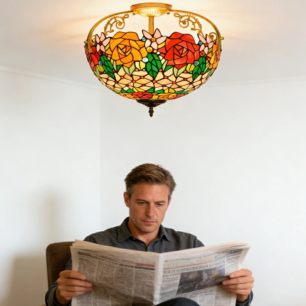 LIVARA European Vintage Vibrant Rose Pattern Stained Glass Ceiling Light 3-Light Design Even Lighting 42x38cm Suitable for Living Room Bedroom Dining Hallway