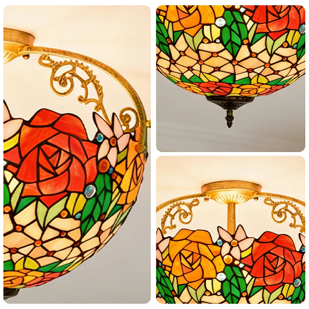 LIVARA European Vintage Vibrant Rose Pattern Stained Glass Ceiling Light 3-Light Design Even Lighting 42x38cm Suitable for Living Room Bedroom Dining Hallway