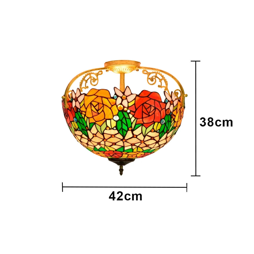LIVARA European Vintage Vibrant Rose Pattern Stained Glass Ceiling Light 3-Light Design Even Lighting 42x38cm Suitable for Living Room Bedroom Dining Hallway