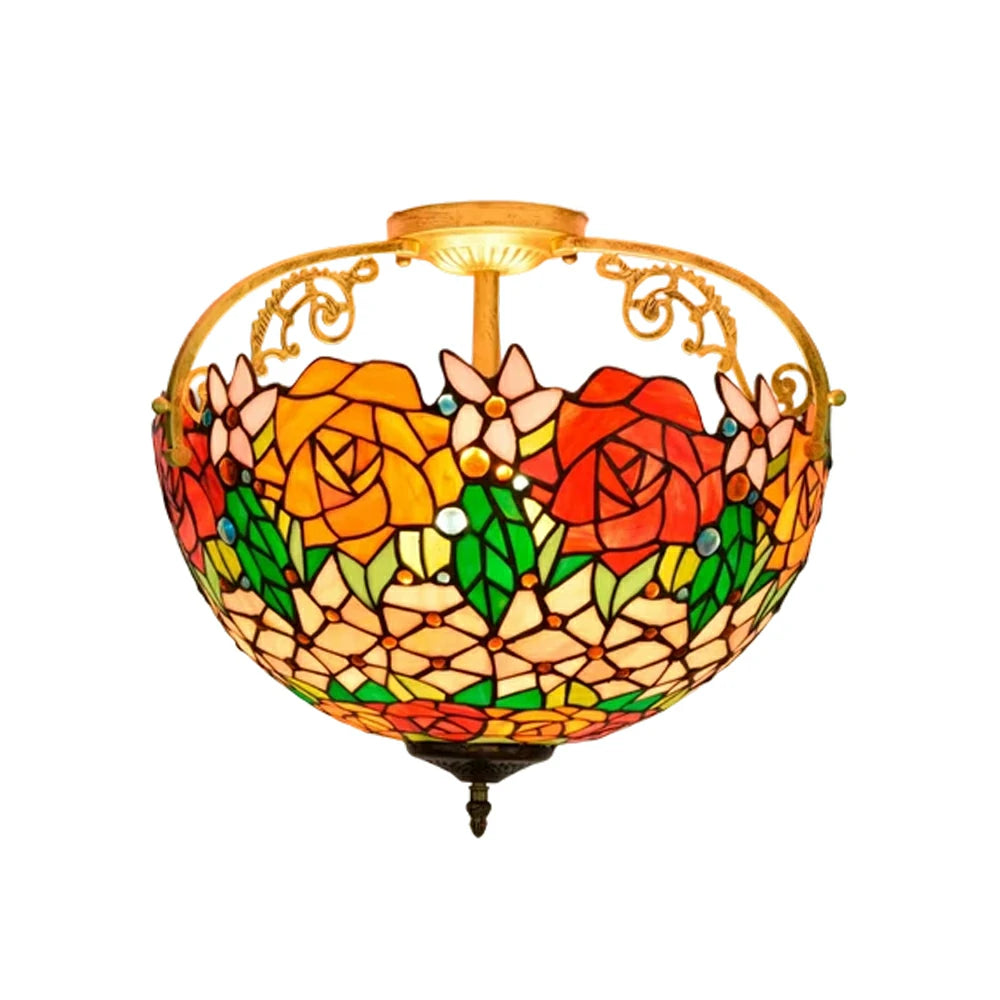 LIVARA European Vintage Vibrant Rose Pattern Stained Glass Ceiling Light 3-Light Design Even Lighting 42x38cm Suitable for Living Room Bedroom Dining Hallway