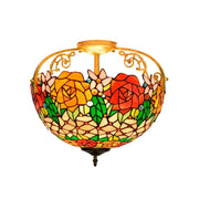 LIVARA European Vintage Vibrant Rose Pattern Stained Glass Ceiling Light 3-Light Design Even Lighting 42x38cm Suitable for Living Room Bedroom Dining Hallway