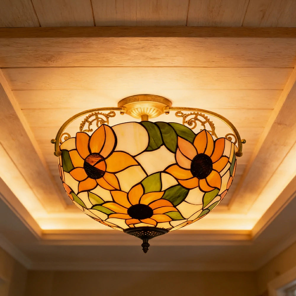 LIVARA European Vintage Sunflower Pattern Stained Glass Ceiling Light 3-Light Design Even Lighting 42x38cm Suitable for Living Room Bedroom Dining Hallway