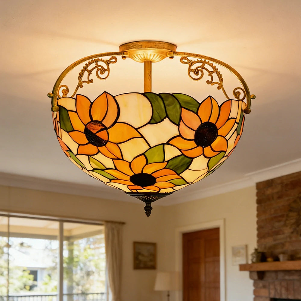LIVARA European Vintage Sunflower Pattern Stained Glass Ceiling Light 3-Light Design Even Lighting 42x38cm Suitable for Living Room Bedroom Dining Hallway