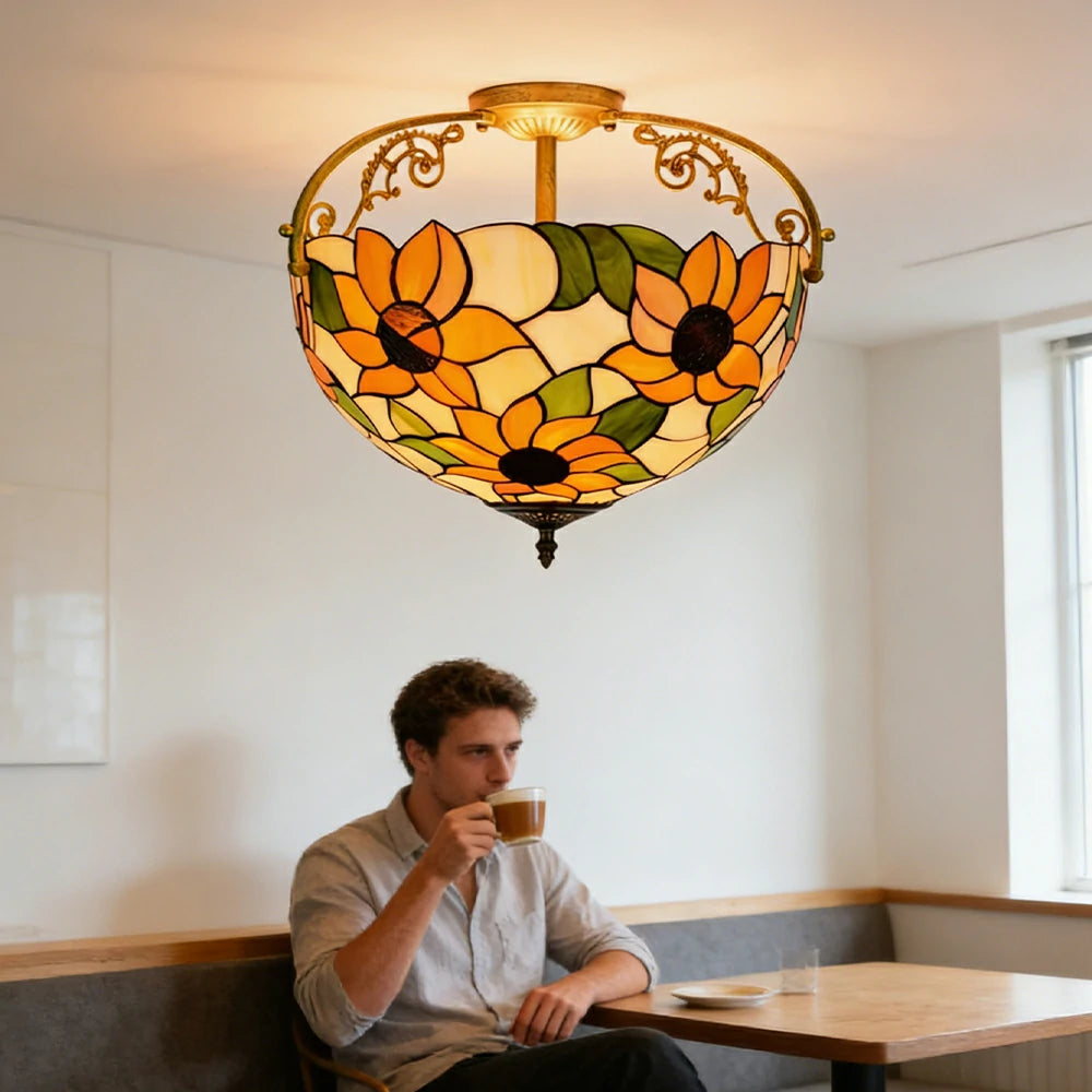 LIVARA European Vintage Sunflower Pattern Stained Glass Ceiling Light 3-Light Design Even Lighting 42x38cm Suitable for Living Room Bedroom Dining Hallway