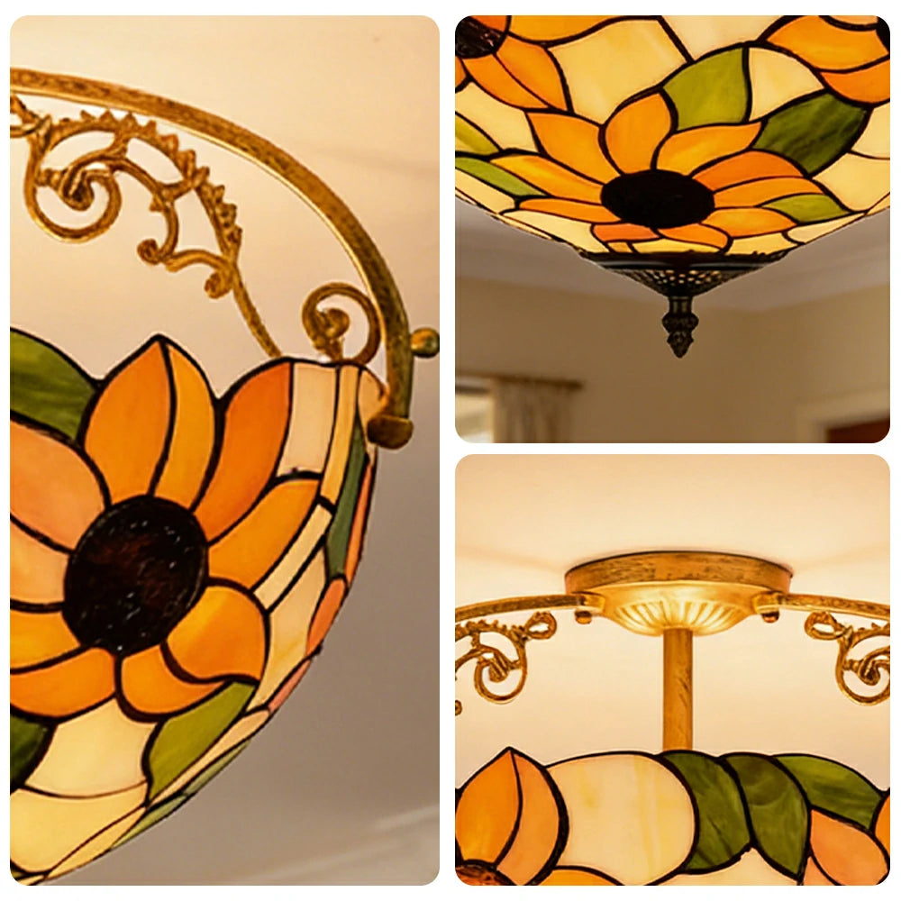 LIVARA European Vintage Sunflower Pattern Stained Glass Ceiling Light 3-Light Design Even Lighting 42x38cm Suitable for Living Room Bedroom Dining Hallway