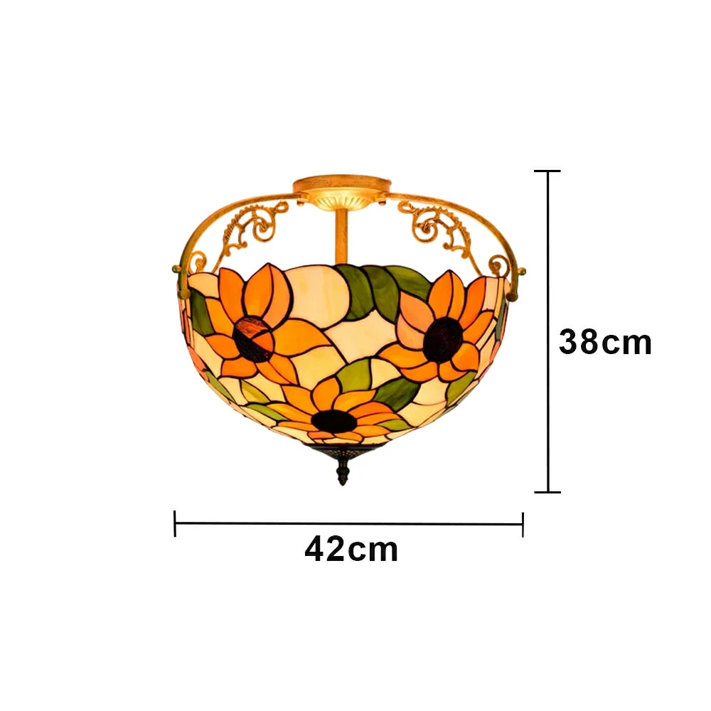LIVARA European Vintage Sunflower Pattern Stained Glass Ceiling Light 3-Light Design Even Lighting 42x38cm Suitable for Living Room Bedroom Dining Hallway