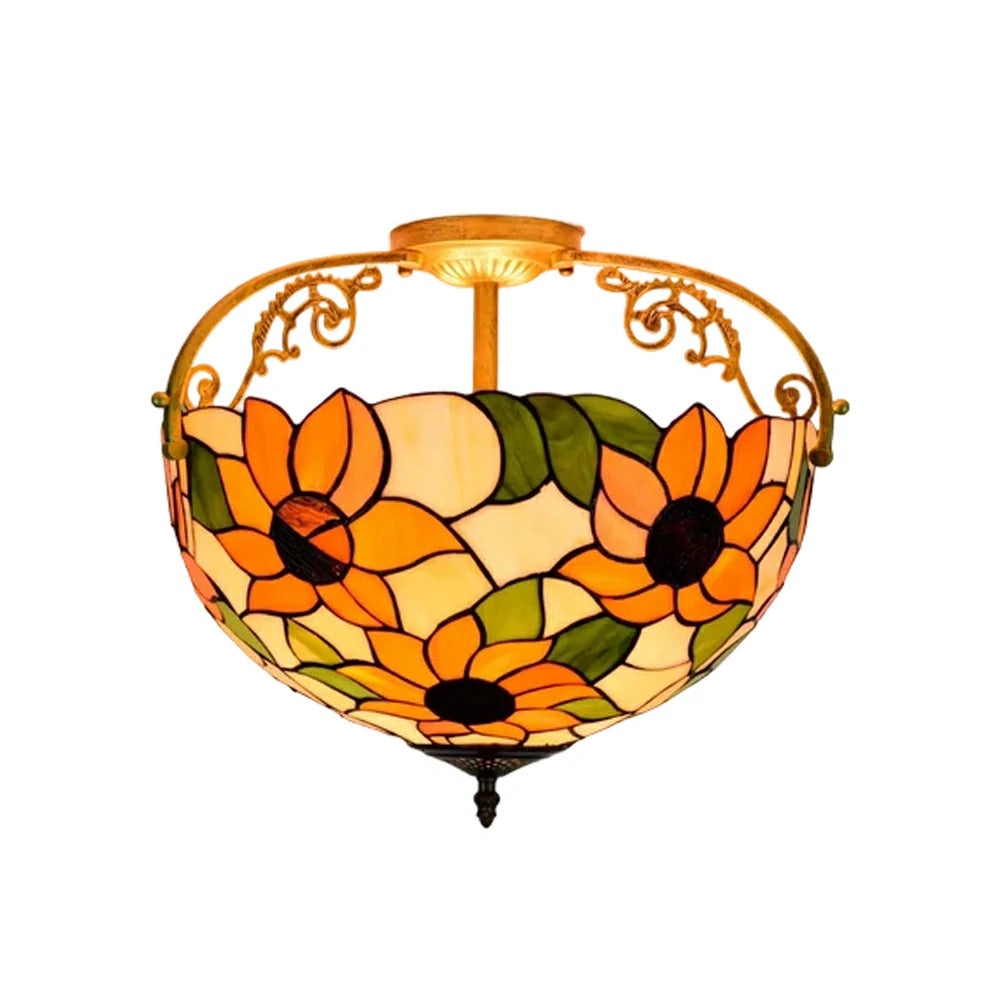 LIVARA European Vintage Sunflower Pattern Stained Glass Ceiling Light 3-Light Design Even Lighting 42x38cm Suitable for Living Room Bedroom Dining Hallway