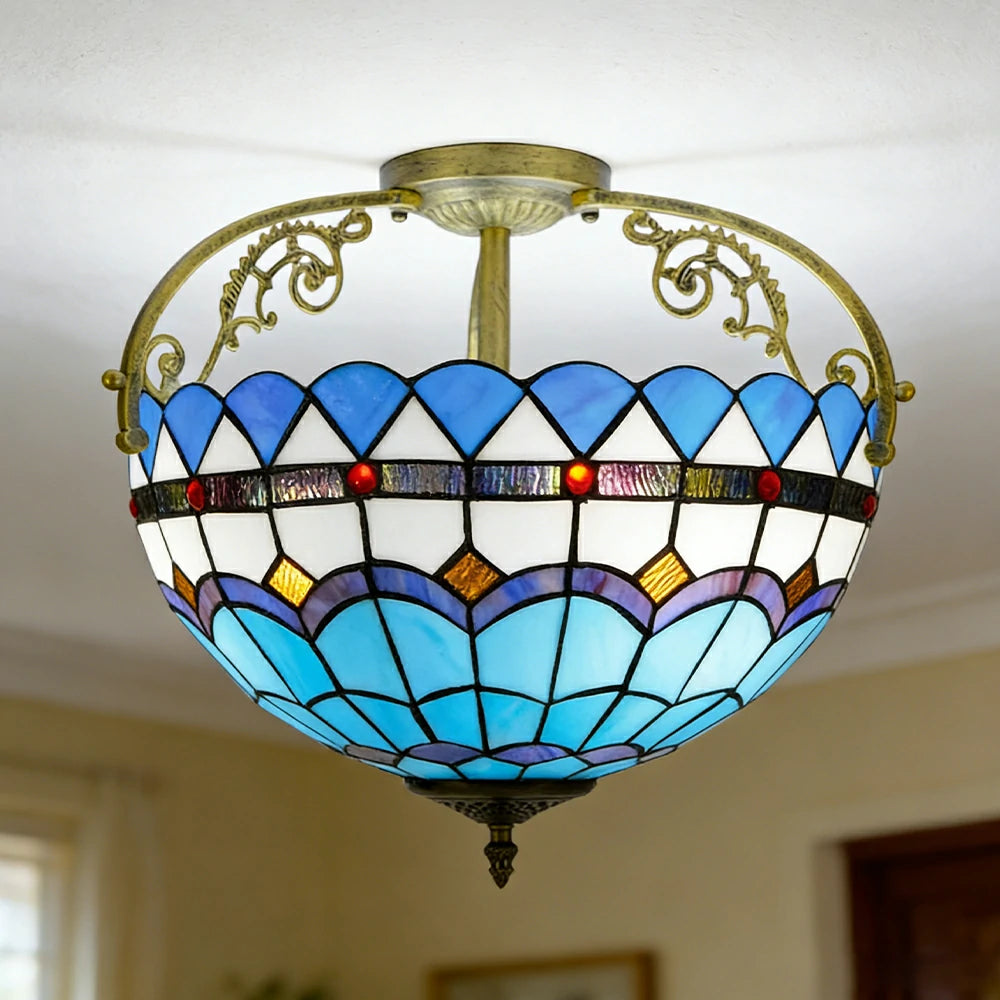 LIVARA European Vintage Mediterranean Style Stained Glass Ceiling Light 3-Light Design Even Lighting 42x38cm Suitable for Living Room Bedroom Dining Hallway