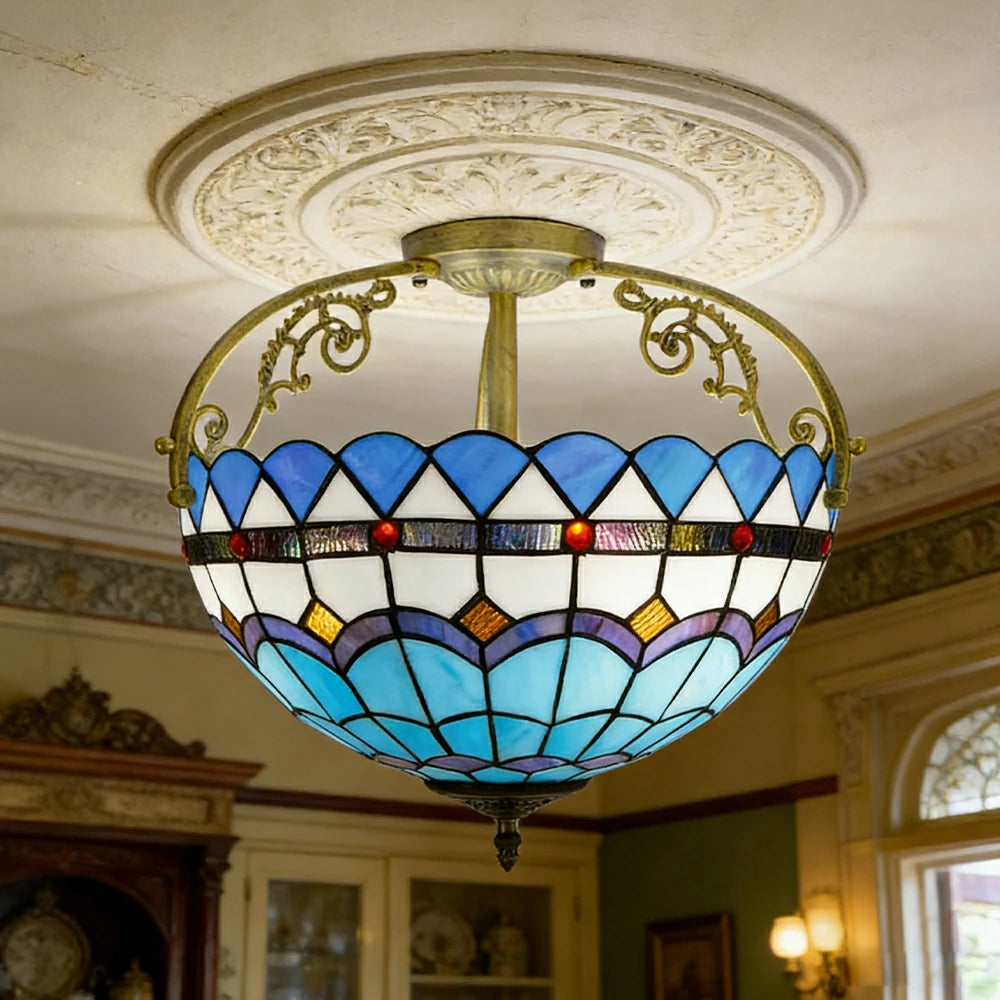LIVARA European Vintage Mediterranean Style Stained Glass Ceiling Light 3-Light Design Even Lighting 42x38cm Suitable for Living Room Bedroom Dining Hallway