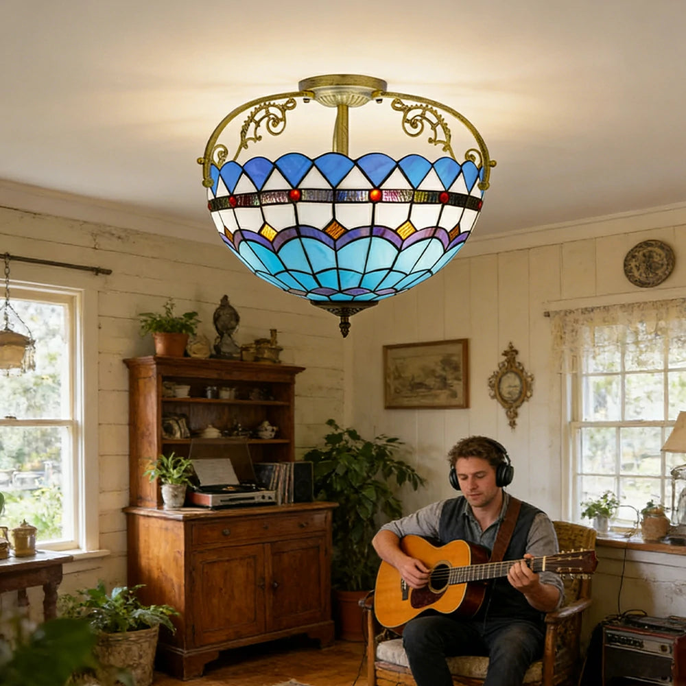 LIVARA European Vintage Mediterranean Style Stained Glass Ceiling Light 3-Light Design Even Lighting 42x38cm Suitable for Living Room Bedroom Dining Hallway