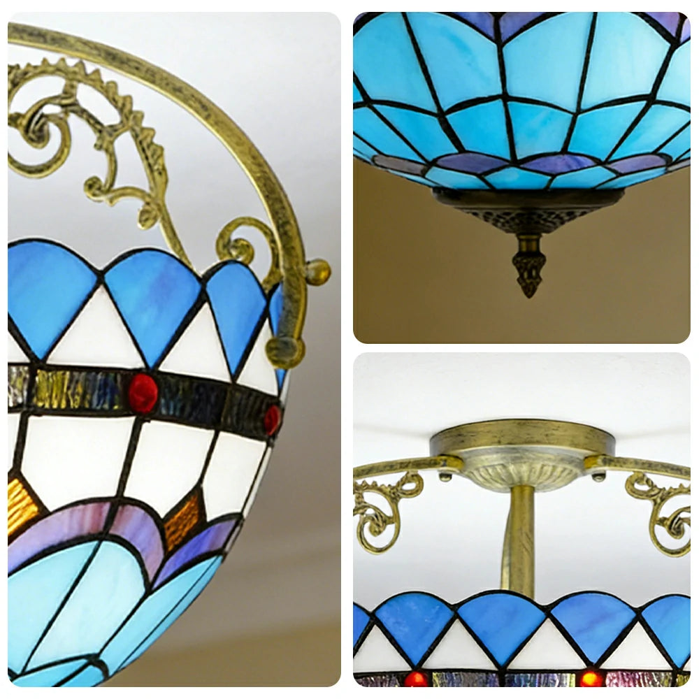 LIVARA European Vintage Mediterranean Style Stained Glass Ceiling Light 3-Light Design Even Lighting 42x38cm Suitable for Living Room Bedroom Dining Hallway