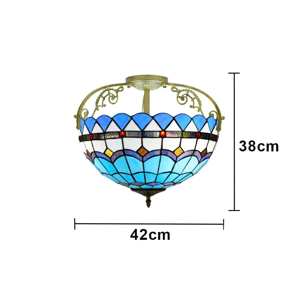 LIVARA European Vintage Mediterranean Style Stained Glass Ceiling Light 3-Light Design Even Lighting 42x38cm Suitable for Living Room Bedroom Dining Hallway