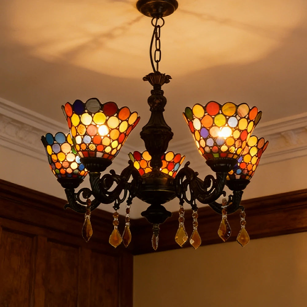 LIVARA 5-Light Stained Glass Chandelier Vintage Pendant Light Adjustable Chain 60x80cm for Dining Living Room - Orange