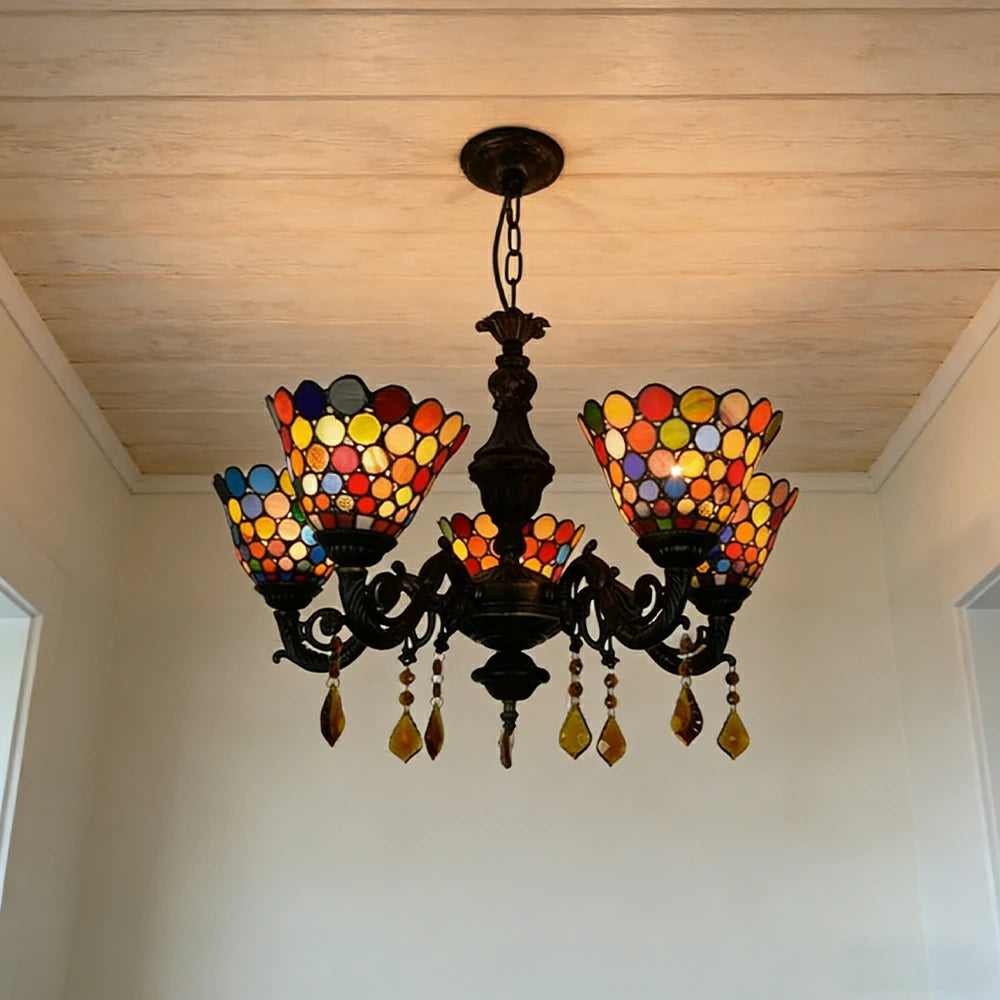 LIVARA 5-Light Stained Glass Chandelier Vintage Pendant Light Adjustable Chain 60x80cm for Dining Living Room - Orange