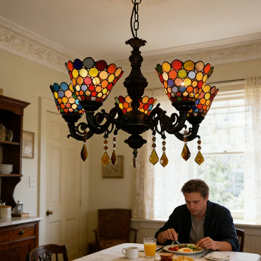 LIVARA 5-Light Stained Glass Chandelier Vintage Pendant Light Adjustable Chain 60x80cm for Dining Living Room - Orange