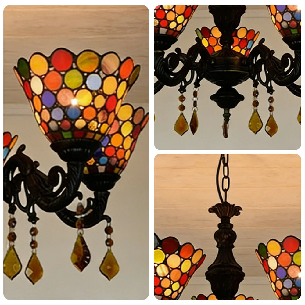 LIVARA 5-Light Stained Glass Chandelier Vintage Pendant Light Adjustable Chain 60x80cm for Dining Living Room - Orange