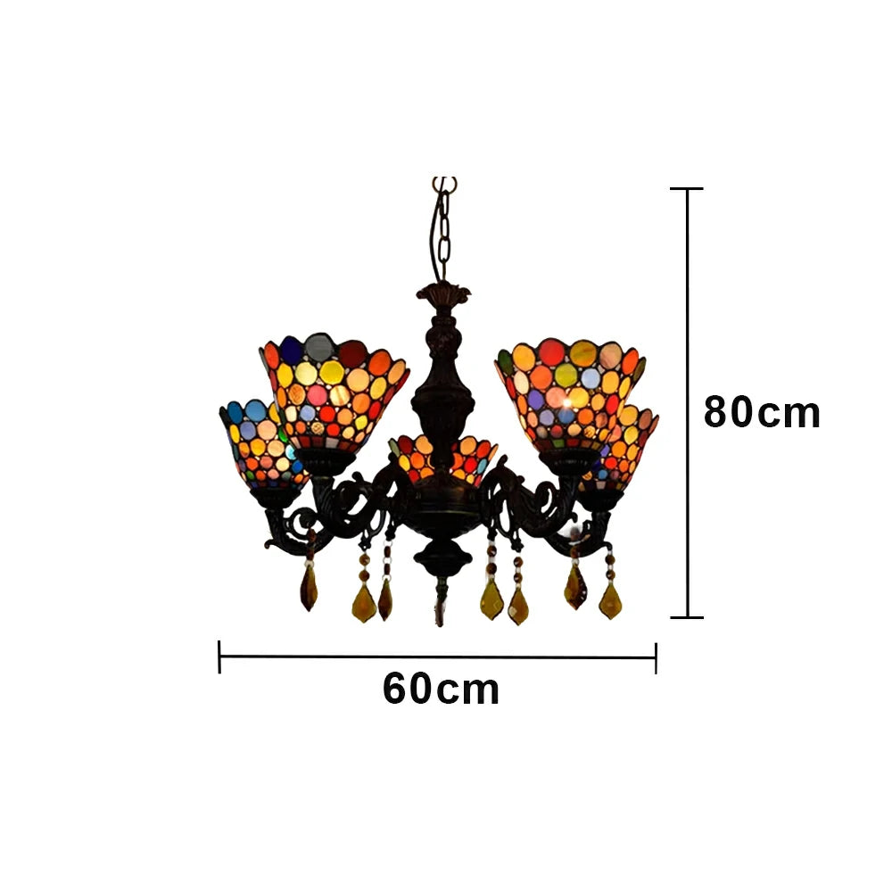 LIVARA 5-Light Stained Glass Chandelier Vintage Pendant Light Adjustable Chain 60x80cm for Dining Living Room - Orange