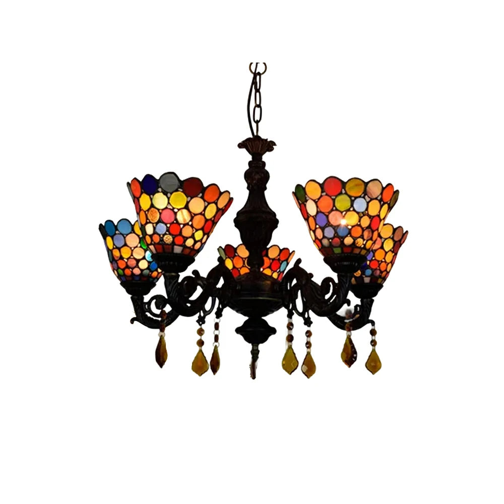 LIVARA 5-Light Stained Glass Chandelier Vintage Pendant Light Adjustable Chain 60x80cm for Dining Living Room - Orange