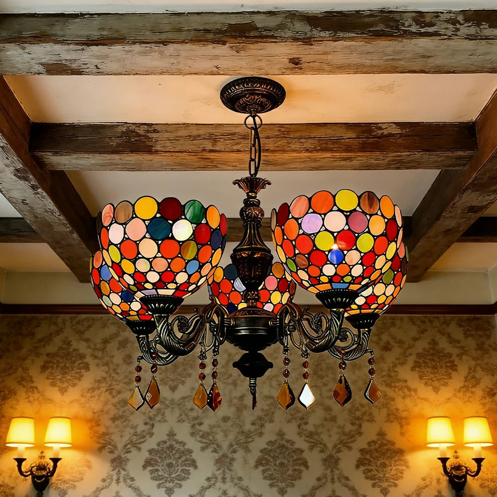 LIVARA 5-Light Stained Glass Chandelier Vintage Pendant Light Adjustable Chain 63x80cm for Dining Living Room - Rose Red