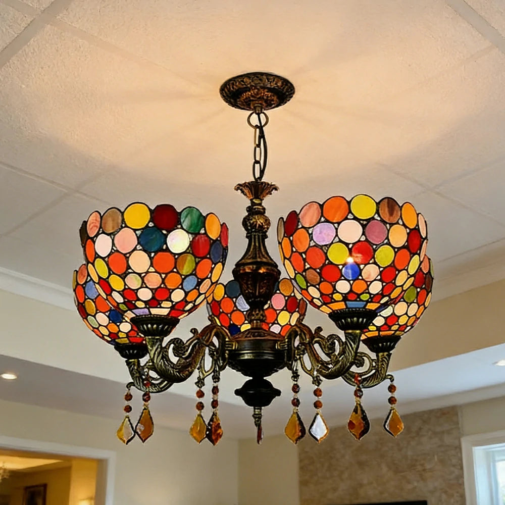 LIVARA 5-Light Stained Glass Chandelier Vintage Pendant Light Adjustable Chain 63x80cm for Dining Living Room - Rose Red