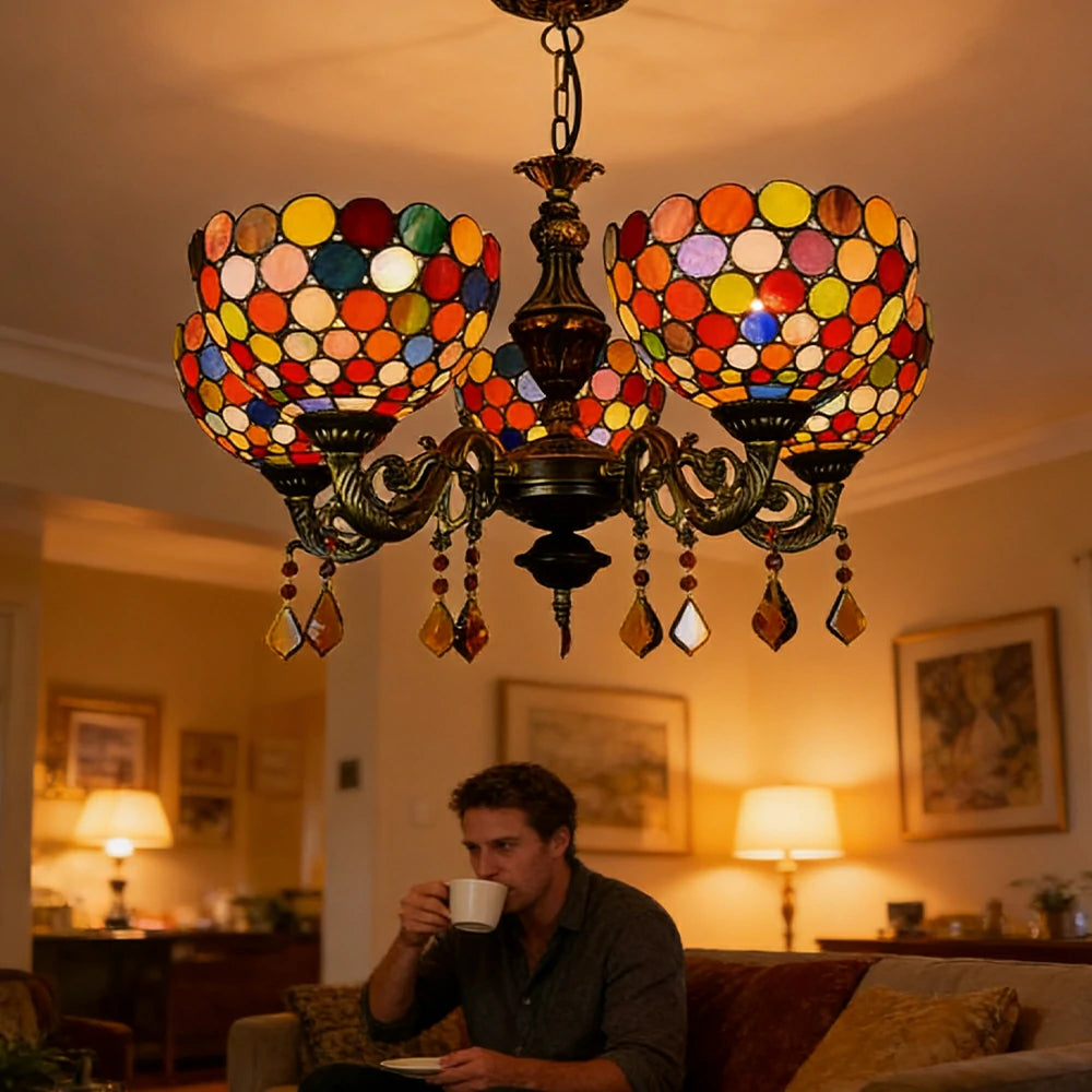 LIVARA 5-Light Stained Glass Chandelier Vintage Pendant Light Adjustable Chain 63x80cm for Dining Living Room - Rose Red