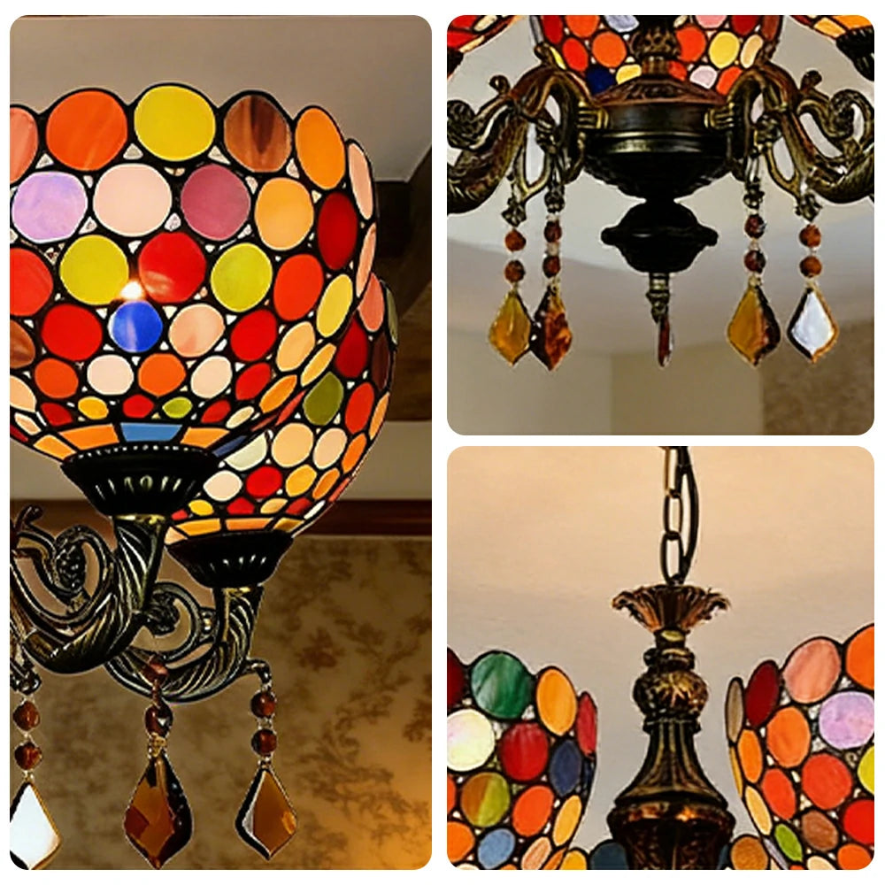 LIVARA 5-Light Stained Glass Chandelier Vintage Pendant Light Adjustable Chain 63x80cm for Dining Living Room - Rose Red