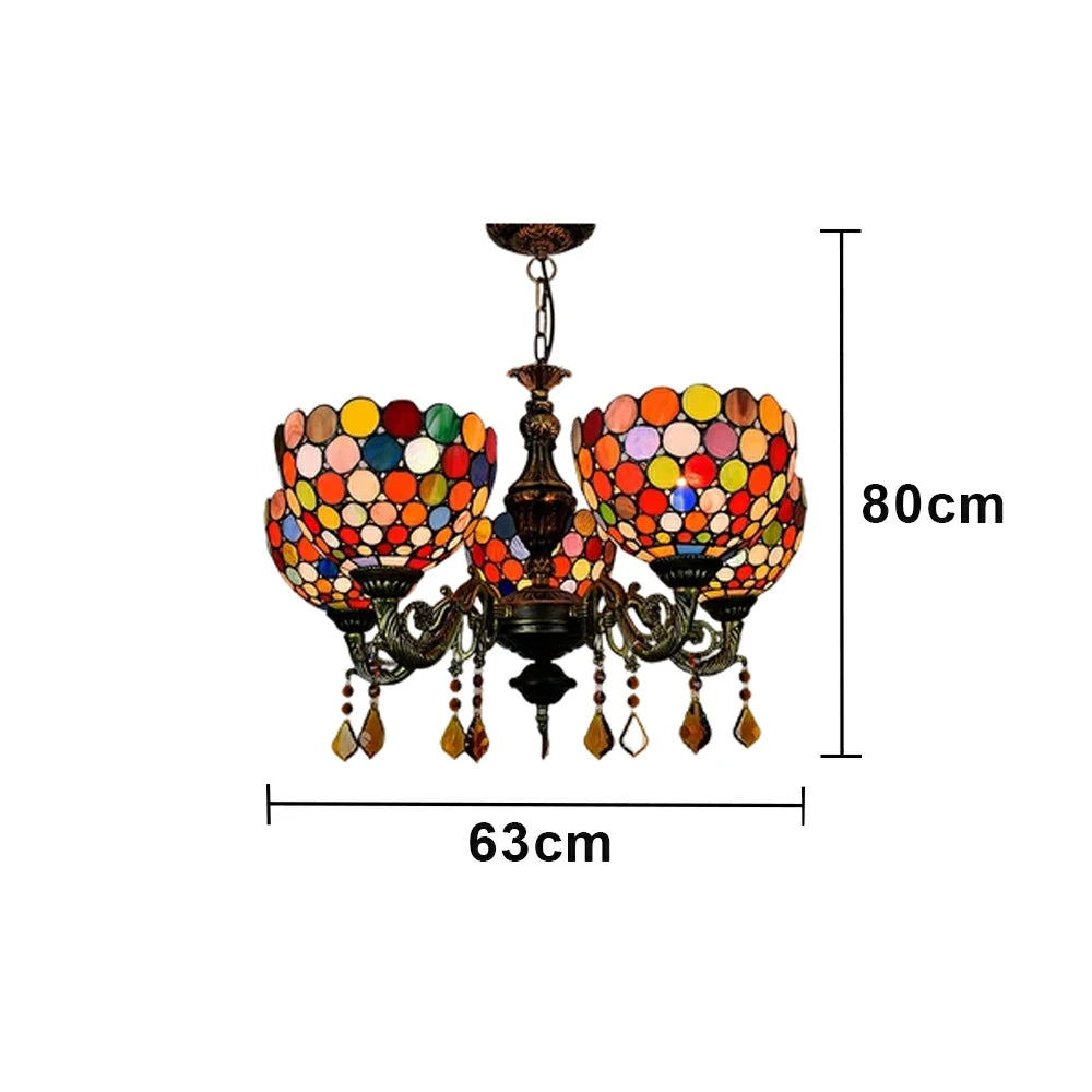 LIVARA 5-Light Stained Glass Chandelier Vintage Pendant Light Adjustable Chain 63x80cm for Dining Living Room - Rose Red