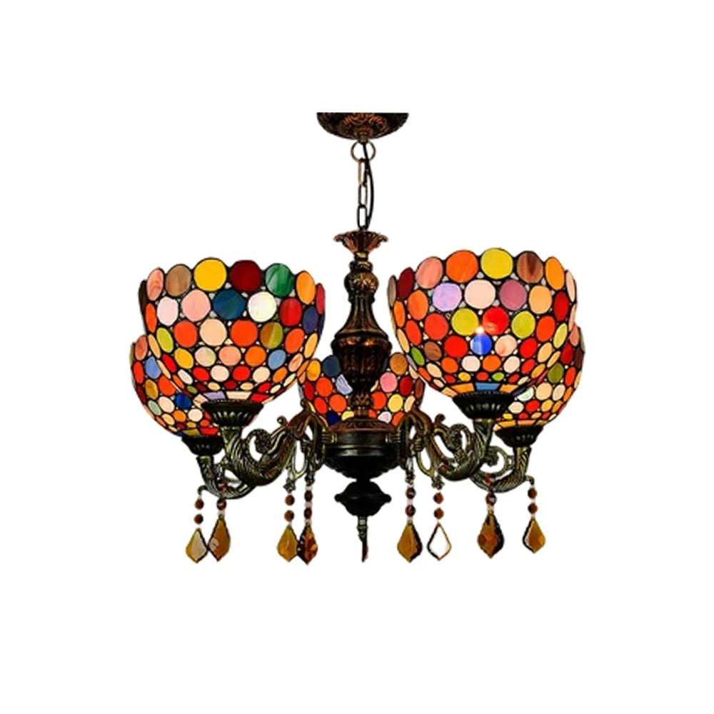 LIVARA 5-Light Stained Glass Chandelier Vintage Pendant Light Adjustable Chain 63x80cm for Dining Living Room - Rose Red