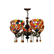 LIVARA 5-Light Stained Glass Chandelier Vintage Pendant Light Adjustable Chain 63x80cm for Dining Living Room - Rose Red
