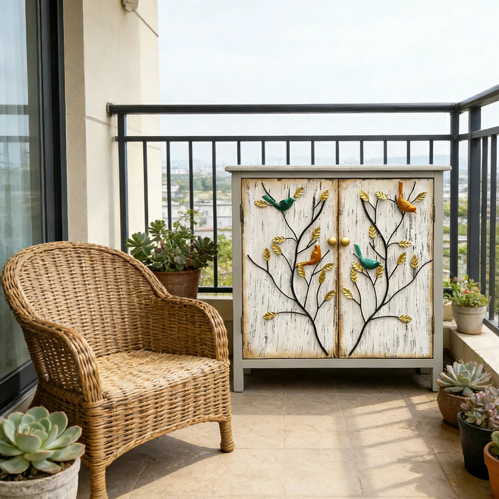 LIVARA Vintage Storage Cabinet Double Door Sideboard Solid Wood MDF Metal Hand-Painted Iron Bird Decorative Furniture