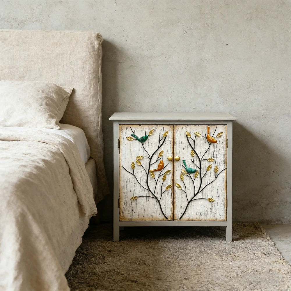 LIVARA Vintage Storage Cabinet Double Door Sideboard Solid Wood MDF Metal Hand-Painted Iron Bird Decorative Furniture