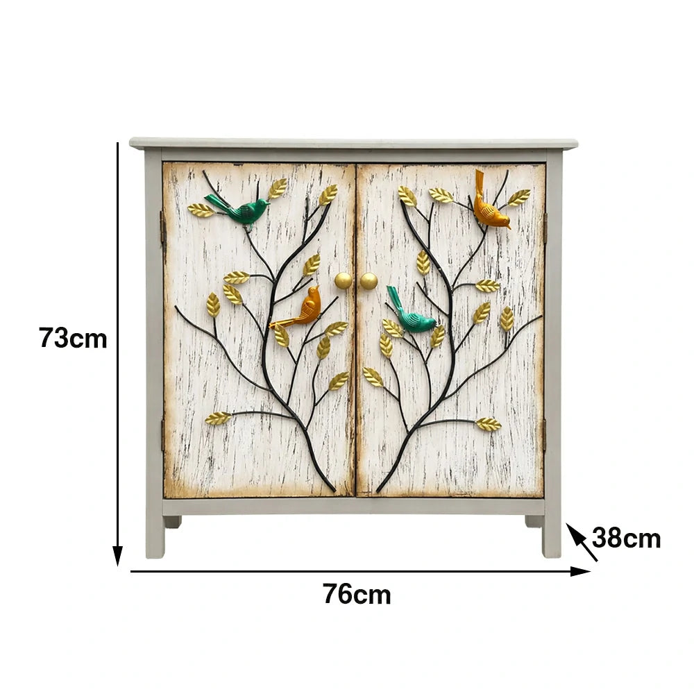 LIVARA Vintage Storage Cabinet Double Door Sideboard Solid Wood MDF Metal Hand-Painted Iron Bird Decorative Furniture