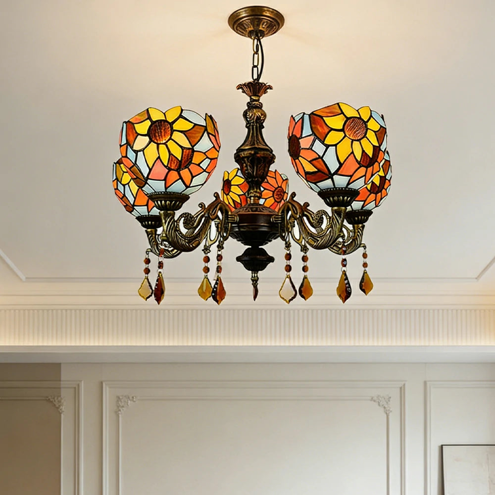 LIVARA 5-Light Stained Glass Chandelier Vintage Pendant Light Adjustable Chain 60x80cm for Dining Living Room - Mustard Yellow
