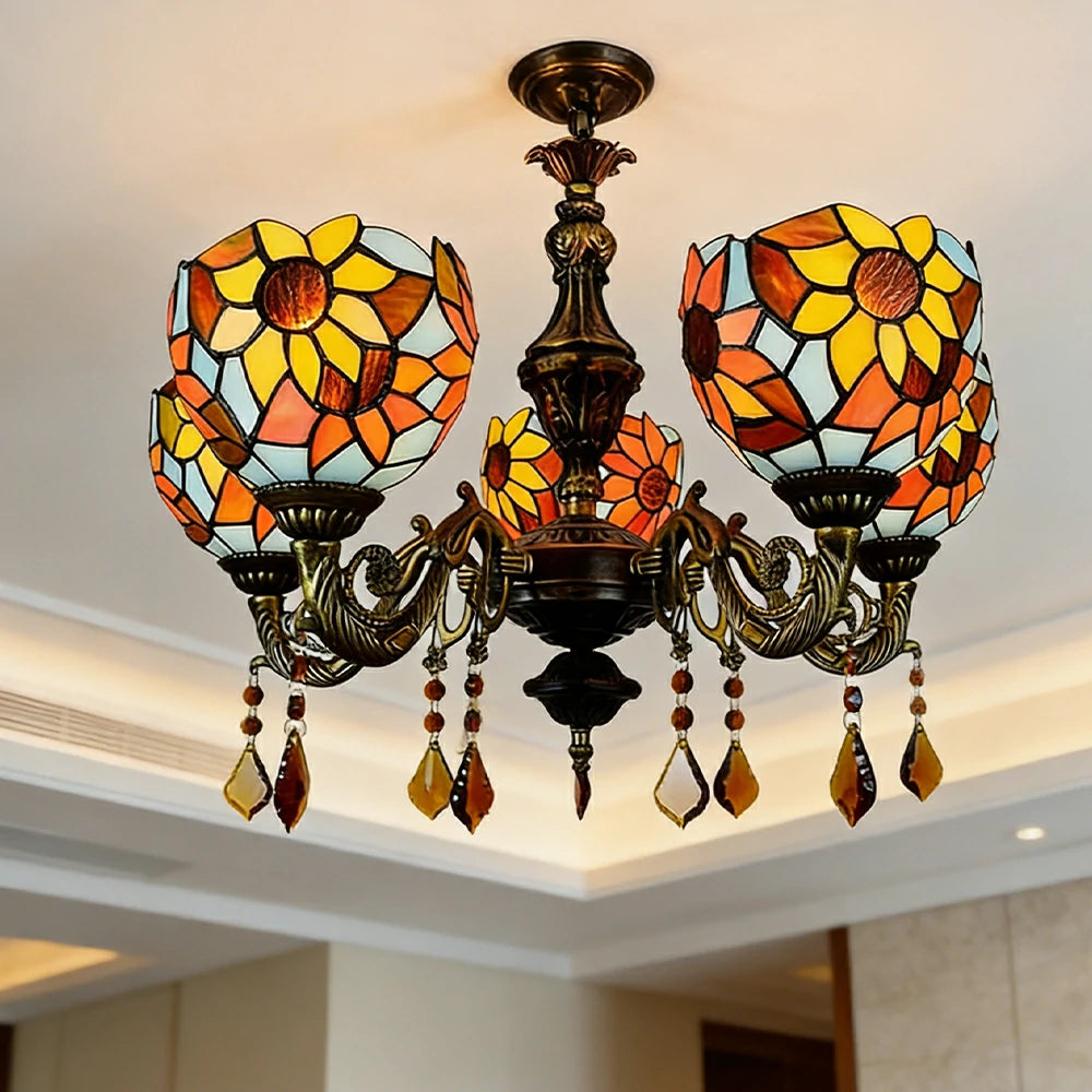 LIVARA 5-Light Stained Glass Chandelier Vintage Pendant Light Adjustable Chain 60x80cm for Dining Living Room - Mustard Yellow