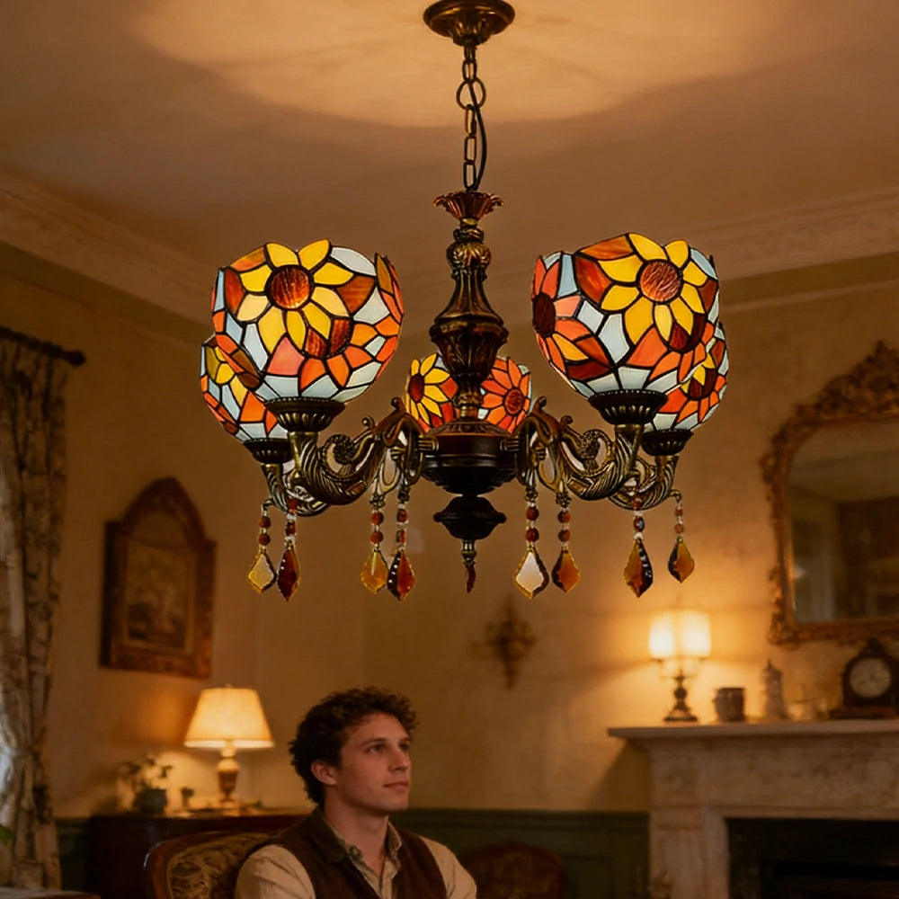 LIVARA 5-Light Stained Glass Chandelier Vintage Pendant Light Adjustable Chain 60x80cm for Dining Living Room - Mustard Yellow