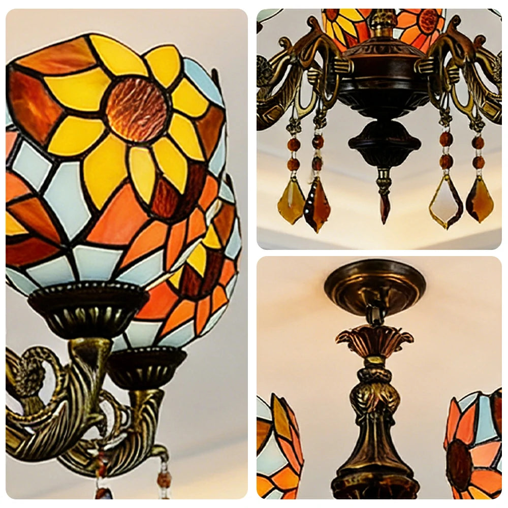 LIVARA 5-Light Stained Glass Chandelier Vintage Pendant Light Adjustable Chain 60x80cm for Dining Living Room - Mustard Yellow