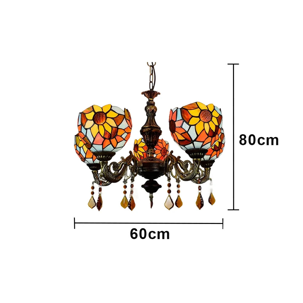 LIVARA 5-Light Stained Glass Chandelier Vintage Pendant Light Adjustable Chain 60x80cm for Dining Living Room - Mustard Yellow