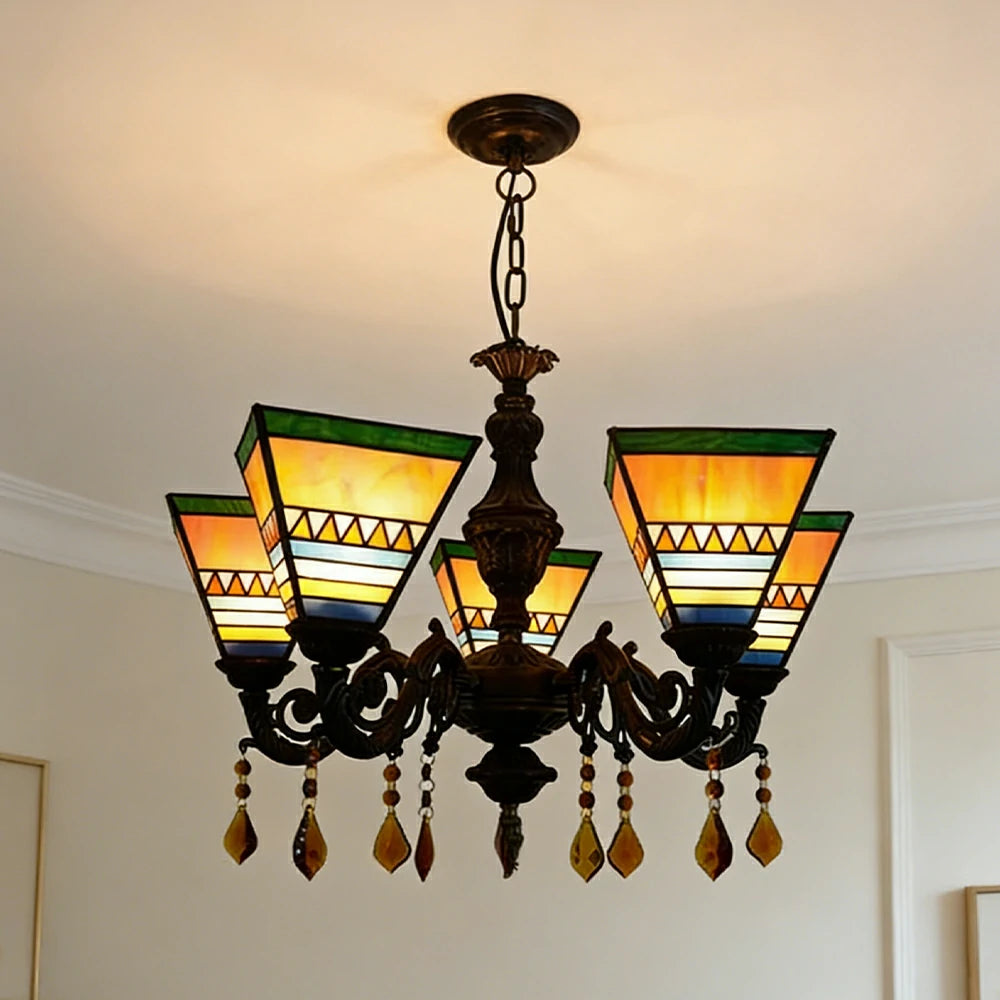 LIVARA 5-Light Stained Glass Chandelier Vintage Pendant Light Adjustable Chain 60x80cm for Dining Living Room - Bright Yellow