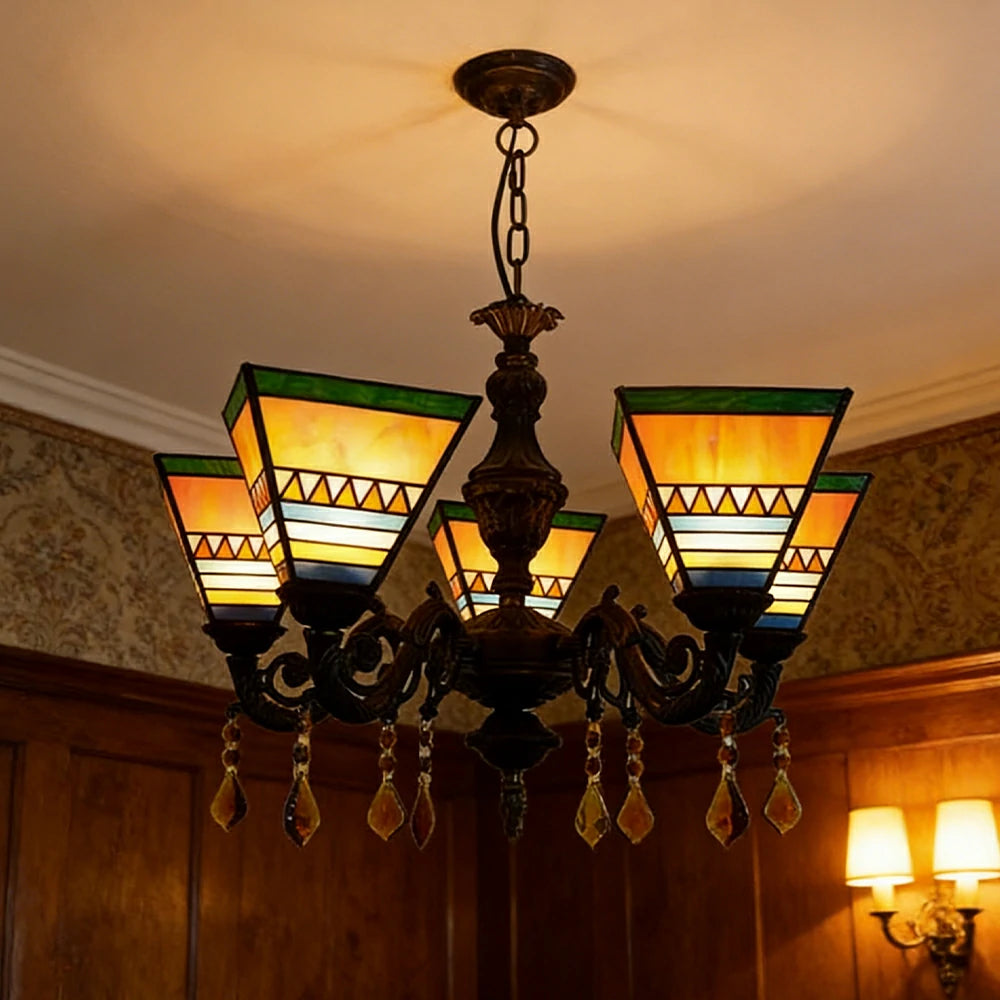 LIVARA 5-Light Stained Glass Chandelier Vintage Pendant Light Adjustable Chain 60x80cm for Dining Living Room - Bright Yellow